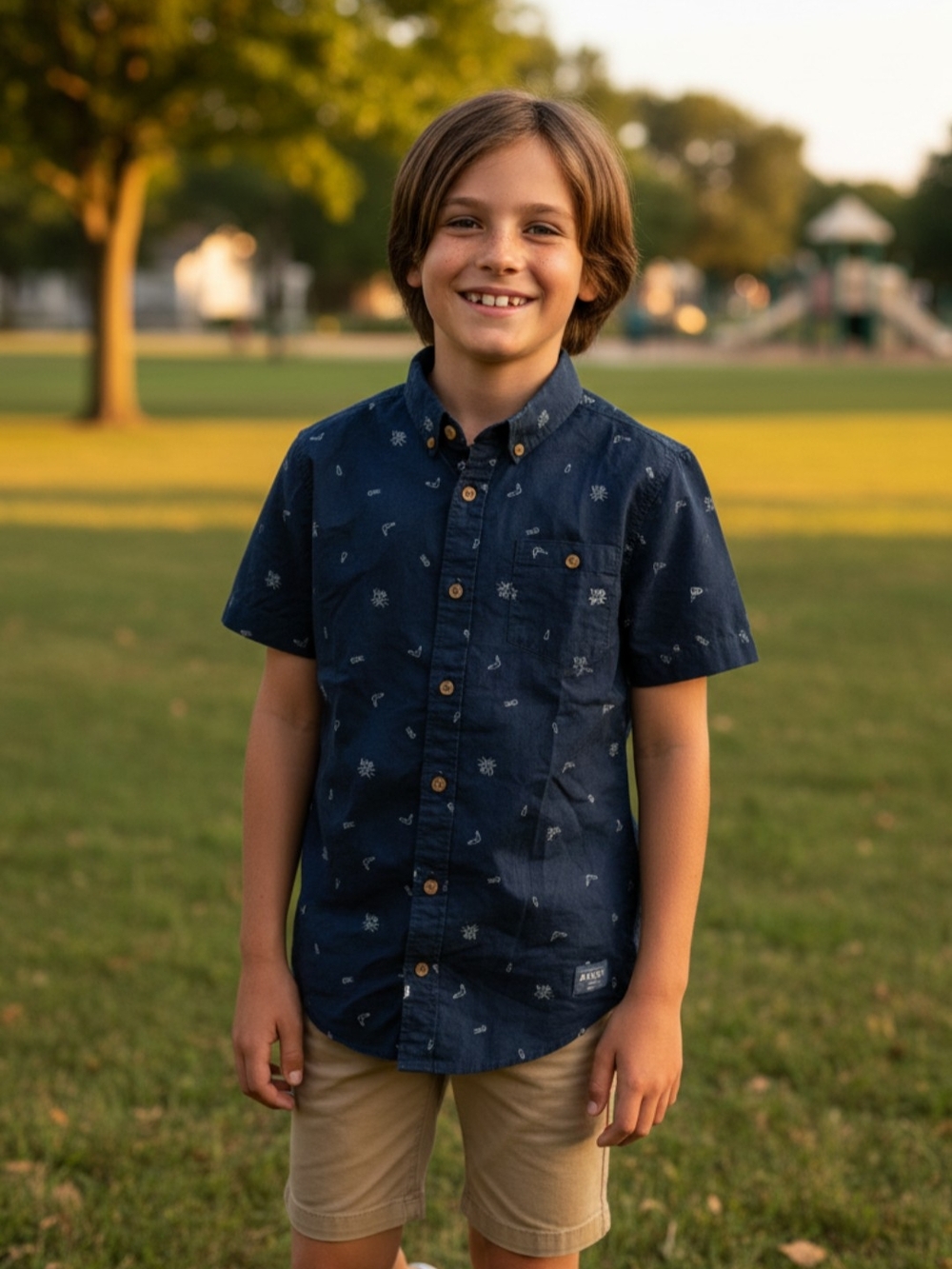 Boys Navy Short-Sleeve Button-Down Shirt with Subtle Print
